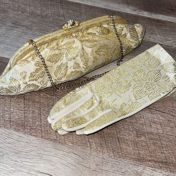 Vintage 1950’s Womens Metallic Jacquard Chain Handle Clutch and Gloves Gold Crea - Picture 1 of 12